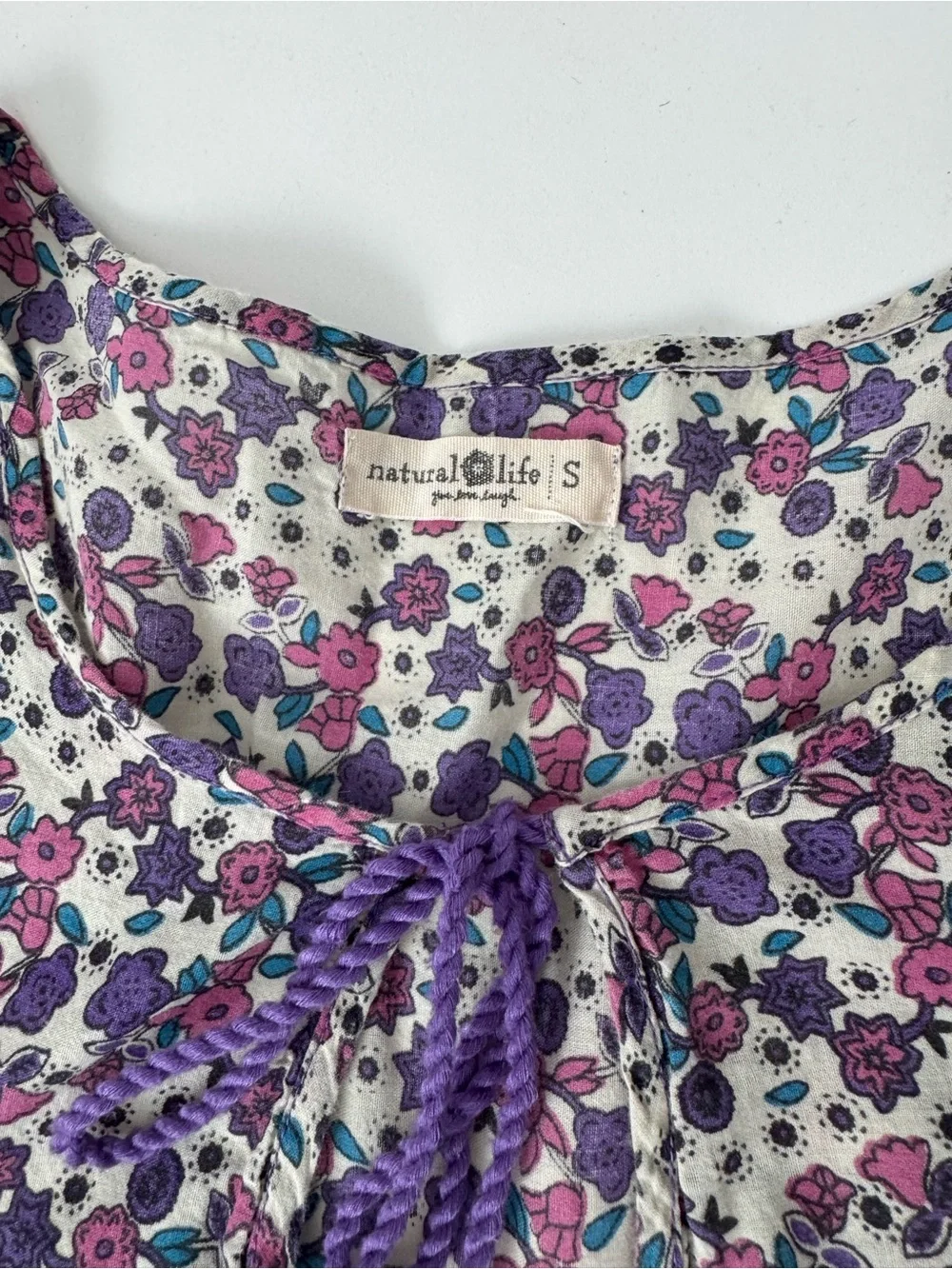 Natural Life Boho Maxi Dress S Purple Floral Tiered Tassel Cotton Cottagecore - Picture 6 of 10